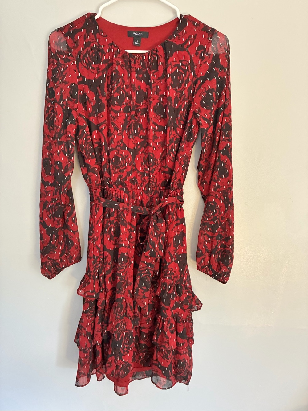 Simply Vera Vera Wang Red & Black Floral Tie-Waist Long-Sleeve Dress